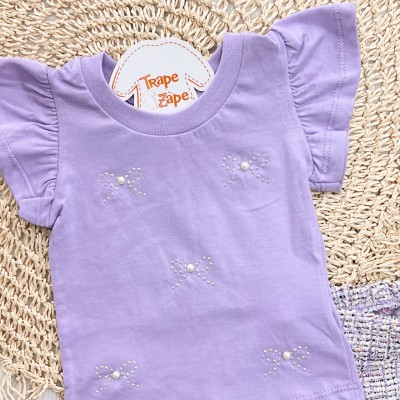 Conj. Blusa Laço de Strass com Pérola e Short Tweed - Lilás